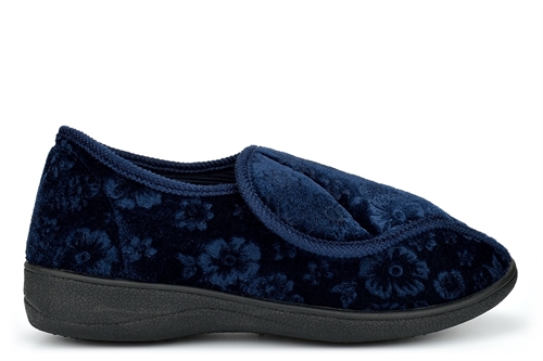 Cosies Womens Low Wedge Slippers With Touch Fastening And Embossed Flower Detail Navy