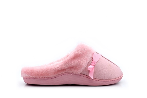 Womens Mule Slippers With Fur Trim And Bow Detail Pink