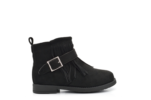 Girls Faux Suede Ankle Boots With Buckle and Tassel Detail Black