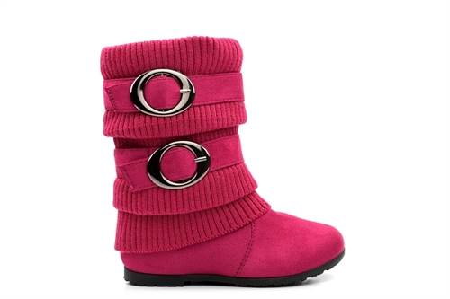 Girls Calf Boots With Faux Suede/Knitted Upper Fuchsia