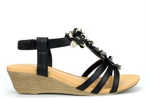 Maya Grace Womens Wedge Sandals With Golden Flower And Diamante Detail Black