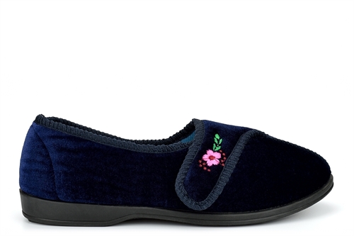 Sleep Boutique Womens Touch Fastening Slippers With Embroidered Flower Detail Navy