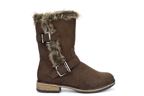 Womens Faux Suede Calf Boots With Double Buckle Detail Brown