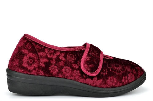 Cosies Womens Low Wedge Slippers With Touch Fastening And Embossed Flower Detail Burgundy