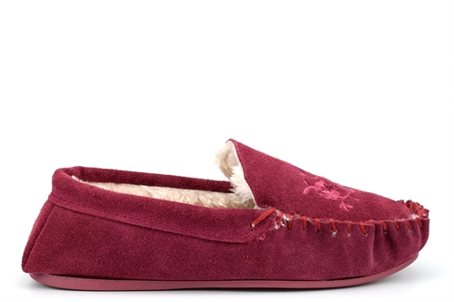 Four Seasons Womens Nakita Real Leather Suede Moccasin Slippers With Faux Fur Lining Burgundy