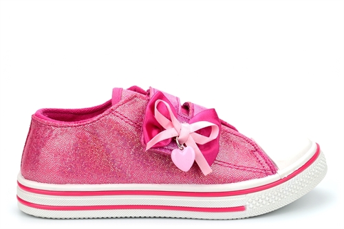 Girls Glitter Pumps With Ribbon Bow and Heart Detail Fuchsia