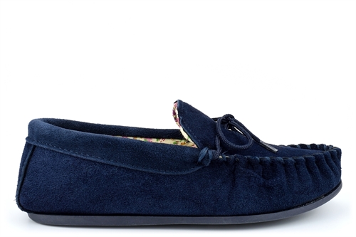 Mokkers Womens LILY Suede Moccasin Slippers Handcrafted Genuine Suede Navy