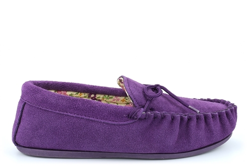 Mokkers Womens LILY Suede Moccasin Slippers Handcrafted Genuine Suede Purple