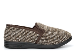 Zedzzz Mens KEITH Ribbed Knitted Textile Fleece Lining Twin Gusset Slip On Slippers Brown