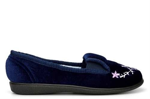 Jyoti Womens Slip On Slippers With Embroidered Flower Detail Navy