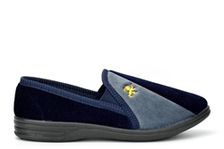 Zedzzz Mens Aaron Twin Gusset Slip On Carpet Slippers With Lion Motif Navy/Grey