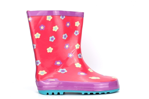 Girls Waterproof Flower Wellington Boots With Textile Lining Pink