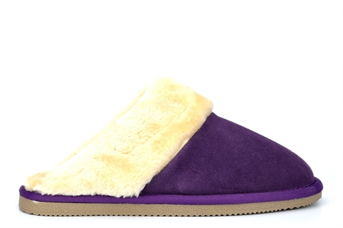 Mokkers Womens Kelsei Suede Mule Slippers With Faux Fur Lining And Rubber Sole Purple