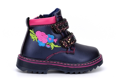 Girls Glitter Touch Straps and Side Zip Fastening Embroidered Ankle Boots Navy/Fuchsia