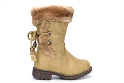 Girls Faux Fur Collar Mid Calf Cowboy Boots Beige