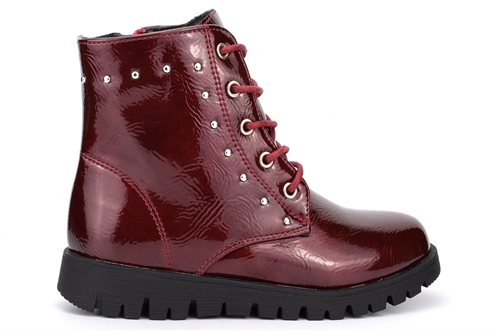 Girls Stud Detail Patent Ankle Boots With Lace And Zip Fastening Burgundy