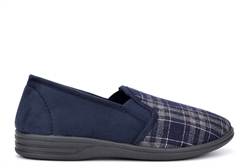 Zedzzz Mens Harley Check Textile Twin Gusset Slip On Slippers Navy Blue
