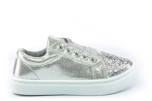 Chatterbox Callie Girls Glitter Pumps With Ribbon Lace Silver