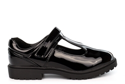 US Brass Girls Kelly T-Bar Touch Fastening School Shoes Black Patent