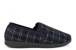 Sleepers Mens Dale Twin Gusset Slip On Carpet Slippers Navy Check