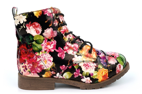 Girls Floral Print Zip Up Fashion Ankle Boots Black