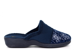 Sleepers Womens Della Patchwork Low Wedge Heel Mule Slippers Navy Blue