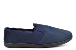 Response Mens Fabian Slip On Carpet Slippers With Stag Motif Navy Blue