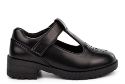 Little Diva Girls Touch Fasten T-Bar School Shoes With Small Heel And Heart Detail Black