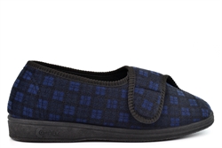Comfylux Mens Paul Touch Fastening Washable Wide Fit Slippers Navy Blue Check (EE Fitting)