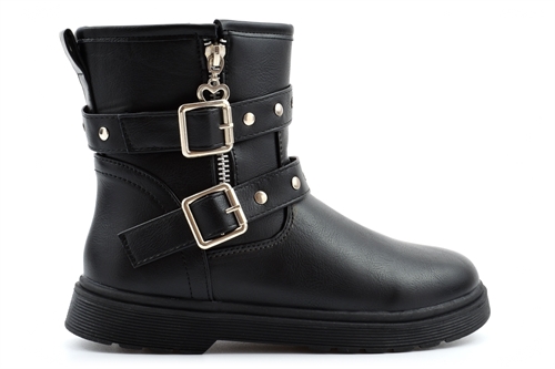 Girls Biker Boots/Ankle Boots With Inside Zip Fastening And Buckle Detail Black