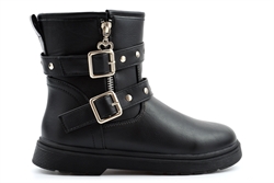 Girls Biker Boots/Ankle Boots With Inside Zip Fastening And Buckle Detail Black