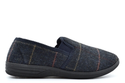 Zedzzz Mens Twin Gusset Slip On Carpet Slippers With Herringbone Textile Upper Navy Blue