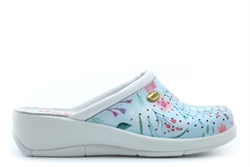 Dek Womens Coated Leather Clog Sandals With Wedge Heel/Leather Insole White/Baby Blue/Floral Print