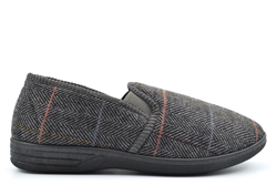 Zedzzz Mens Twin Gusset Slip On Carpet Slippers With Herringbone Textile Upper Grey