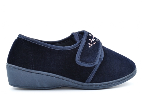 Sleepers Womens Elsie Touch Fasten Memory Foam Wedge Heel Wide Fit Slippers Navy (E Fitting)