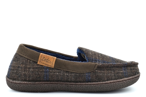 Zedzzz Mens Neville Moccasin Style Slippers With Tweed Textile Upper And Terry Lining Brown