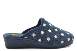 Sleepers Josephine Womens Wedge Slip On Mule Slippers With Wedge Heel And Rubber Sole Navy Floral