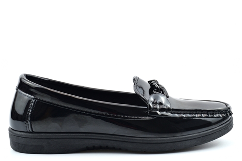 BXT Womens Cirila Loafer/Girls School Shoes With Chain Detail Black Patent